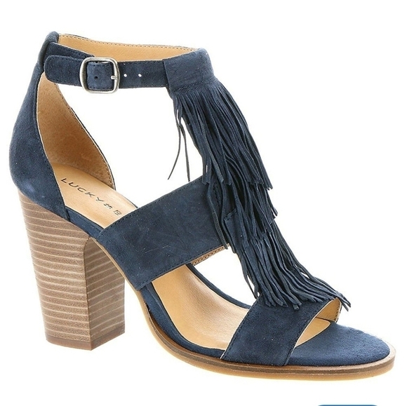 Lucky Brand Women Leesha  Fringe Ankle Leather Heels Sandals shoes sz 8.5M - Picture 1 of 15